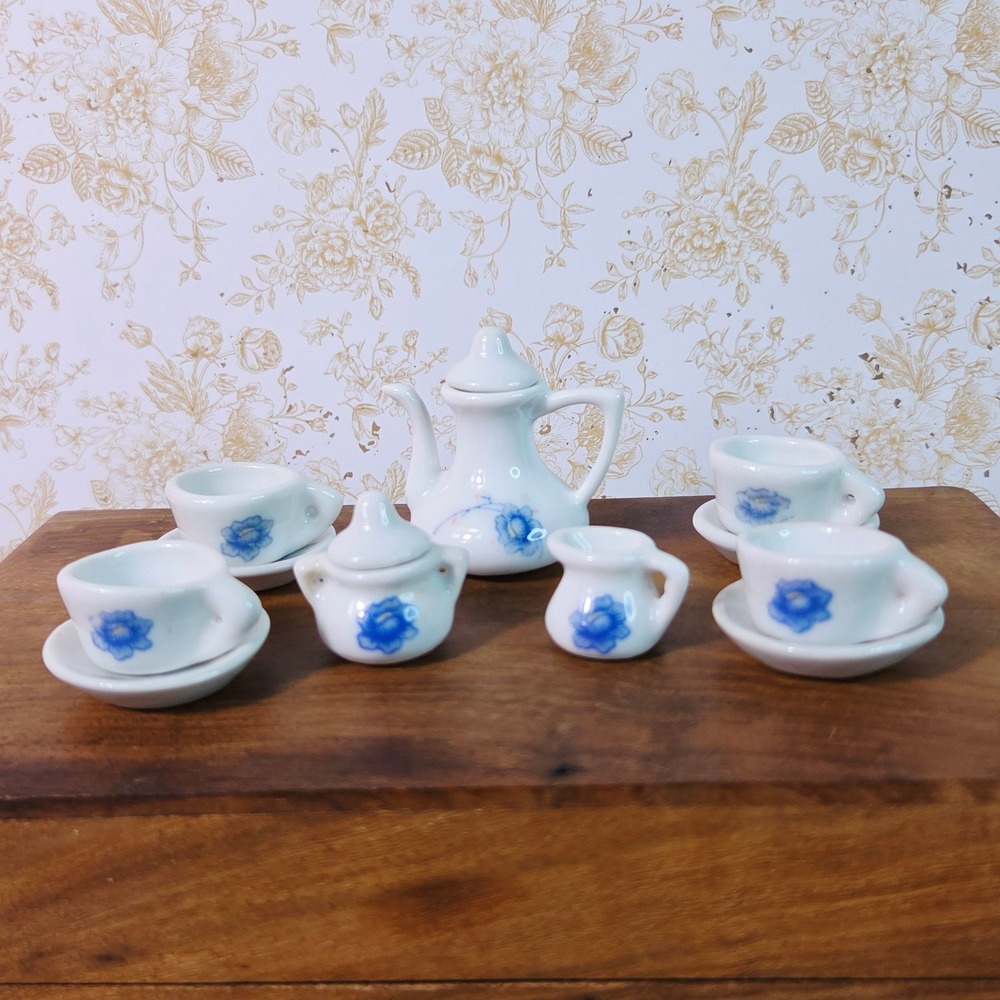 Vintage Miniature Tea Set Pretty Port Ltd Blue Floral Porcelain Dollhouse 13pc‎